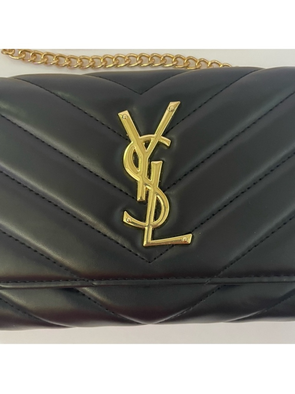 Black Quilted Leather Crossbody with Gold Chain - Picture 3 of 16